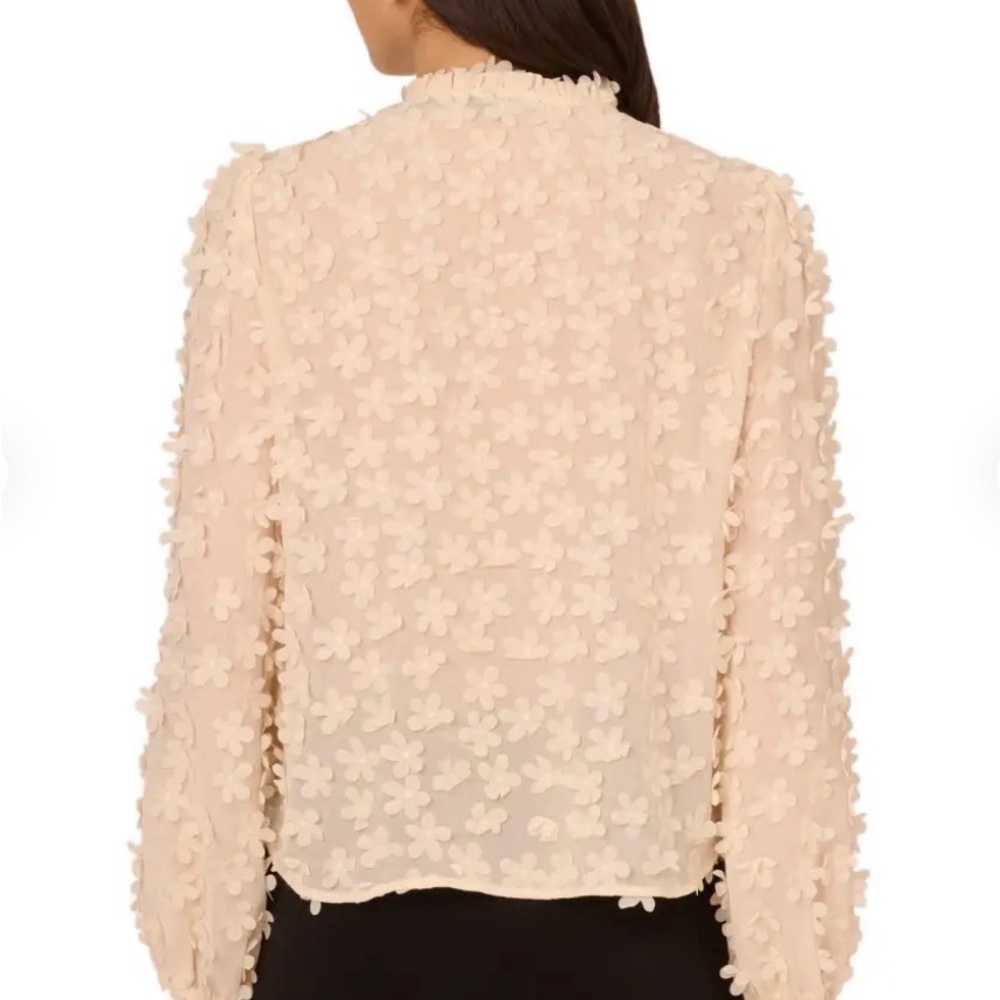 Adrianna Papell 3D Flower Tie Neck Sheer Blouse M Vanilla - Picture 3 of 9